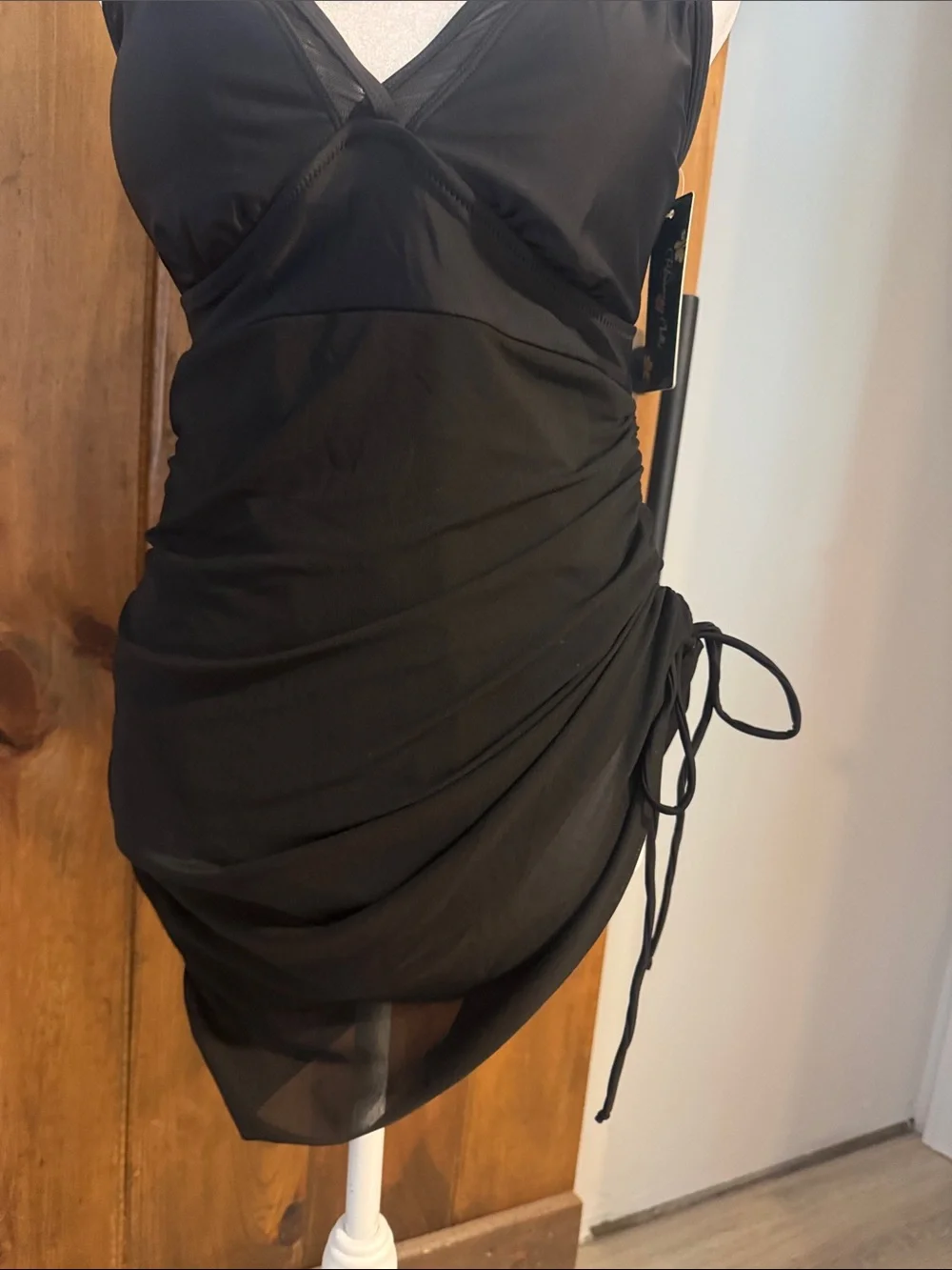 Tummy Control Mesh Sheer Sarong Wraps Women One Piece - L / Black
